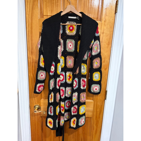 Alice Olivia Jillian Crochet Granny Square Belted Cardigan Boho Festival Luxe XS